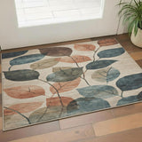 3' X 5' Beige Copper And Denim Blue Floral Washable Area Rug With UV Protection