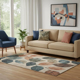 5' X 8' Beige Copper And Denim Blue Floral Washable Area Rug With UV Protection