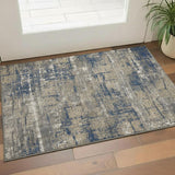 3' X 5' Navy Blue Taupe And Beige Geometric Washable Area Rug With UV Protection