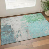 3' X 5' Teal Green And Ivory Abstract Washable Area Rug With UV Protection