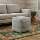 18" Blue and Ivory Cotton Jute and Wool Striped Cube Pouf Ottoman