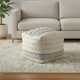 18" Ivory and Navy Blue Cotton and Wool Striped Pouf Ottoman