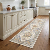 8' Blue Ivory And Orange Medallion Distressed Washable Runner Rug