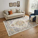5' X 7' Ivory Blue And Orange Medallion Washable Area Rug