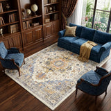 8' X 10' Ivory Blue And Orange Medallion Washable Area Rug