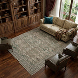 8' X 10' Brown Ivory And Green Floral Medallion Washable Area Rug