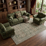 9' X 12' Brown Ivory And Green Floral Medallion Distressed Washable Area Rug