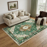5' X 7' Green Brown And Ivory Medallion Distressed Washable Area Rug