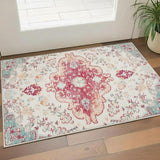 3' X 5' Blue Pink And White Medallion Distressed Washable Area Rug
