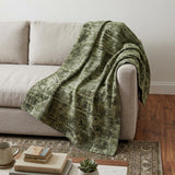 50" X 70" Olive Green And Beige Damask Polyester Woven Plush Throw Blanket