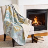 50" X 70" Aqua Gold And Ivory Microfiber Ikat Plush Throw Blanket