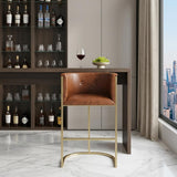 31" Brown Gray And Brass Faux Leather And Fabric And Steel Low Back Bar Height Bar Chair