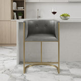 26" Gray And Gold Faux Leather And Fabric And Steel Low Back Counter Height Bar Chair