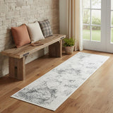 7' Cream And Blue Damask Runner Rug