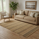 5' X 8' Tan And Black Jute Striped Hand Woven Area Rug