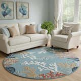 8' Aqua And Beige Coral Round Rug