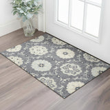 2' X 3' Dark Gray And Blue Wool Floral Hand Tufted Distressed Area Rug