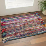 3' X 5' Blue And Sky Blue Striped Hand Woven Area Rug With Fringe