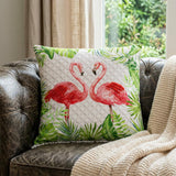 20" Green Off White And Pink Flamingo Throw Pillow Cover with Fringe