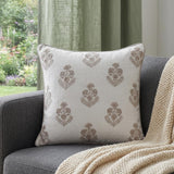 20" Off White And Taupe Floral Linen Throw Pillow Cover with Embroidery