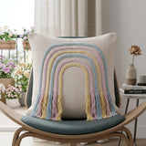 20" Cream Blue And Pink Abstract Cotton Throw Pillow Cover with Fringe Embroidery And Texture