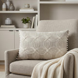 16" X 24" Beige And Ivory Lumbar Floral Cotton Throw Pillow Cover with Pompoms