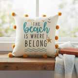 20" Blue Orange And Off White The Beach Is Where I Belong Beach Nautical Throw Pillow Cover with Pompoms