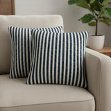 Set of Two 22" X 22" Blue And White Lumbar Striped Cotton Throw Pillow Covers