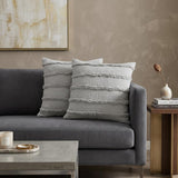 Set of Two 20" Gray Striped Cotton Throw Pillow Covers with Tufts