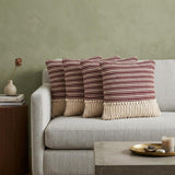 Set of Four 20" X 20" Maroon And Ivory Lumbar Striped Cotton Throw Pillow Covers with Tassels