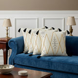 Set of Four 20" X 20" Off White Black And Cream Lumbar Geometric Cotton Throw Pillow Covers with Tassels