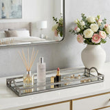 32" Silver Metal And Mirrored Glass Handmade Vanity Tray With Handles