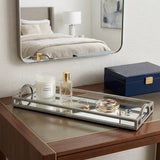 24" Silver Metal And Mirrored Glass Handmade Vanity Tray With Handles