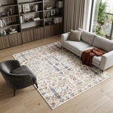 8' X 10' Brown Blue And Beige Floral Medallion Washable Area Rug
