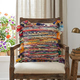 26" Blue Orange Pink And Red Striped Rayon Throw Pillow Cover with Tufts