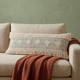 14" X 36" Black And Cream Lumbar Geometric Cotton Throw Pillow Cover with Fringe And Texture
