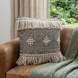 20" Black And Cream Geometric Cotton Throw Pillow Cover with Fringe And Texture