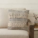 20" Beige And Black Striped Cotton Throw Pillow Cover with Fringe And Texture