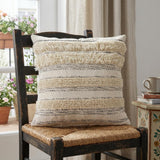 20" Cream And Gray Striped Cotton Throw Pillow Cover with Fringe And Texture