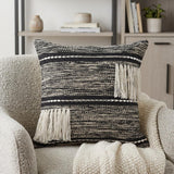 18" Black And White Striped Cotton Throw Pillow Cover with Fringe And Texture