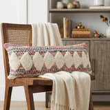 14" X 36" Natural Blue And Red Lumbar Geometric Cotton Throw Pillow Cover with Tufts