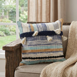 18" Blue And Tan Beach Striped Cotton Throw Pillow Cover with Tassels Tufts And Texture