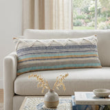 14" X 36" Blue And Tan Beach Striped Cotton Lumbar Throw Pillow Cover With Texture