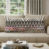 14" X 36" Charcoal Off White And Pink Lumbar Chevron Cotton Blend Throw Pillow Cover