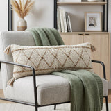 14" X 36" Beige And Ivory Lumbar Geometric Jute And Shag Throw Pillow Cover with Tassels