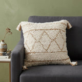 20" Beige And Ivory Geometric Cotton Blend Throw Pillow Cover with Tassels