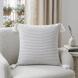 20" Gray And White Striped Cotton Throw Pillow Cover with Tassels