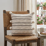 20" Beige Black And White Striped Cotton Blend Throw Pillow Cover with Pompoms