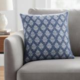 20" Blue And White Damask Cotton Throw Pillow Cover