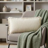 14" X 36" White And Yellow Lumbar Cotton Throw Pillow Cover with Fringe